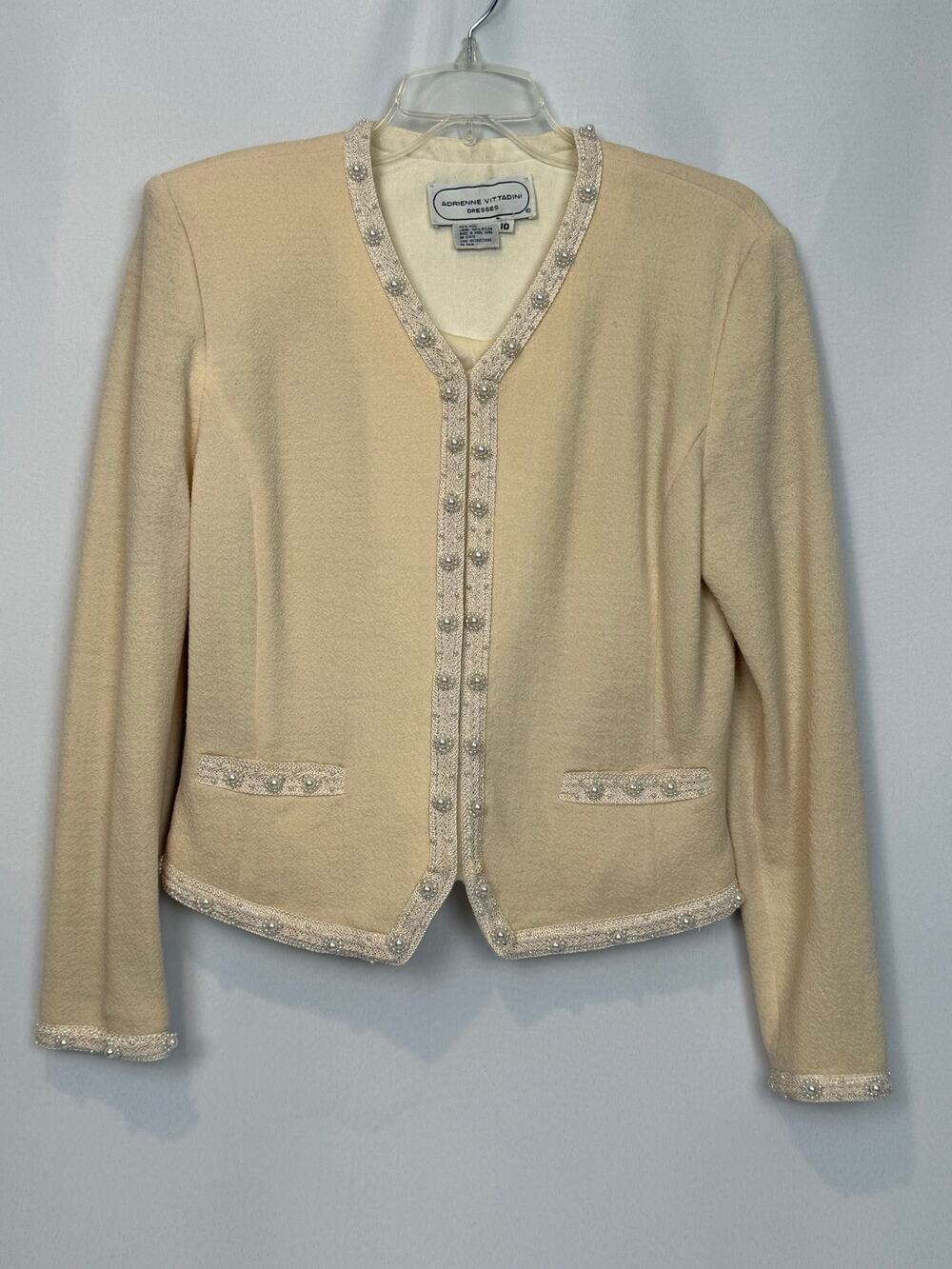 Adrienne Vittadini Cream Wool Pearl Trim Jacket Sz 10